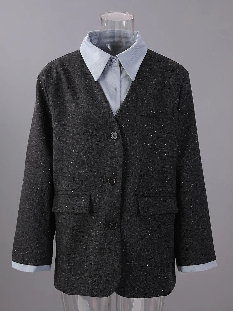 Women Black Color-block Big Size Elegant Blazer New Lapel Long Sleeve Jacket Fashion Tide Spring Autumn 2025 7AB8422