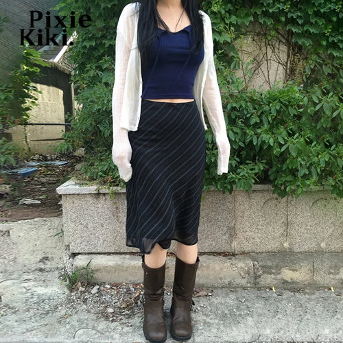 Load image into Gallery viewer, Striped Print Double Layer Mesh Y2k Skirts for Woman 2023 Harajuku Fashion Midi Skirt 90s Vintage Clothes P67-CF10
