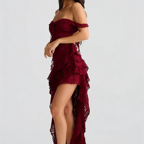 Load image into Gallery viewer, Lace Ruffle Sexy Maxi Dress Women Fashion Summer Off-shoulder Strapless Sleeveless Backless Beach Holiday Club Dress
