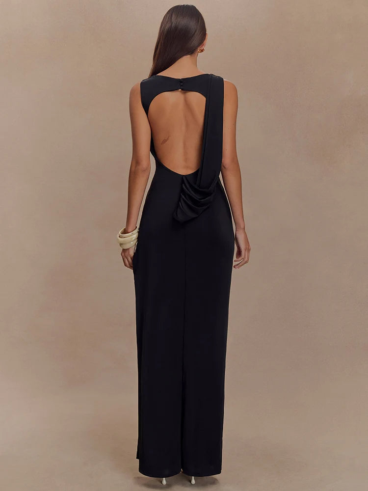 Backless Ruched Sexy Maxi Tank Dress Women Gown Summer New O Neck Thigh High Split Bodycon Elegant Long Dress Fashion