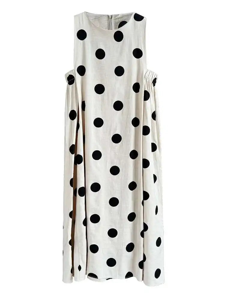 Women White Dot Printed Pleated Big Size Elegant Dress New Round Neck Sleeveless Fashion Tide Spring Summer 2025 1DJ0367
