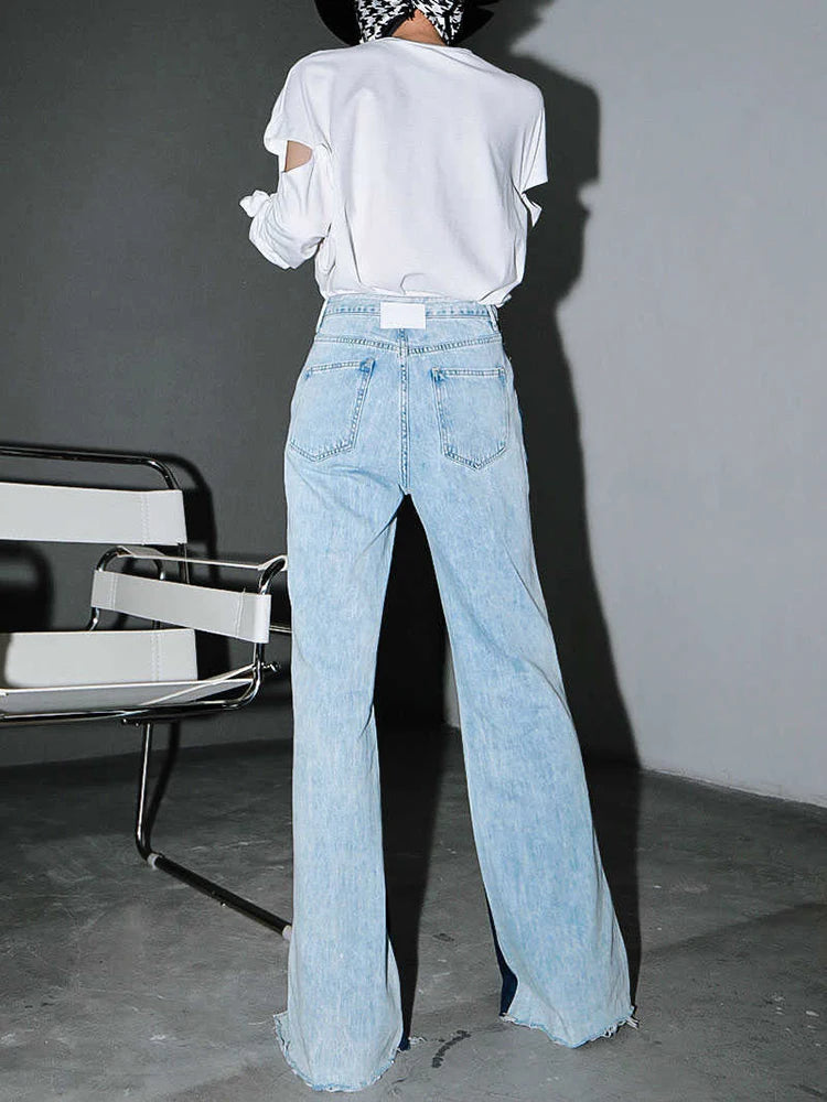 Blue Contrast Color Split Joint Long Wide Leg Jeans New High Waist Loose Women Trousers Fashion Spring Autumn 2025 1T276