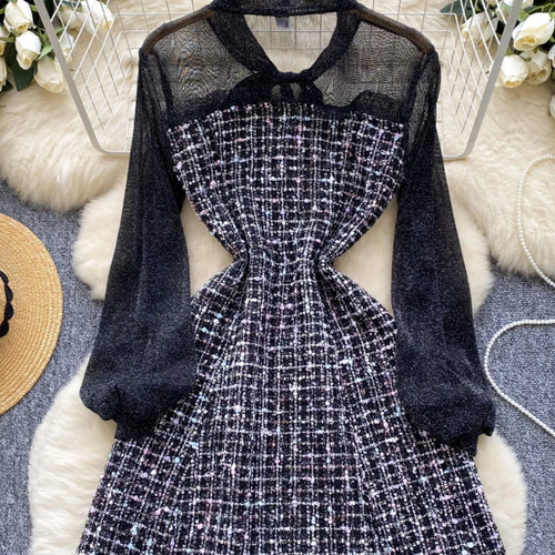 Load image into Gallery viewer, Autumn 2024 New Black Mesh Patchwork Plaid Elegant Long Sleeve Slim Bow Dress Women Gray Temperament Single Breasted Midi Dress
