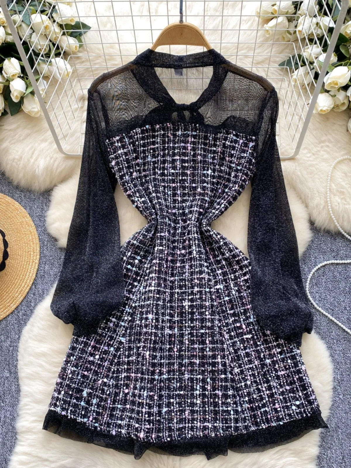 Autumn 2024 New Black Mesh Patchwork Plaid Elegant Long Sleeve Slim Bow Dress Women Gray Temperament Single Breasted Midi Dress