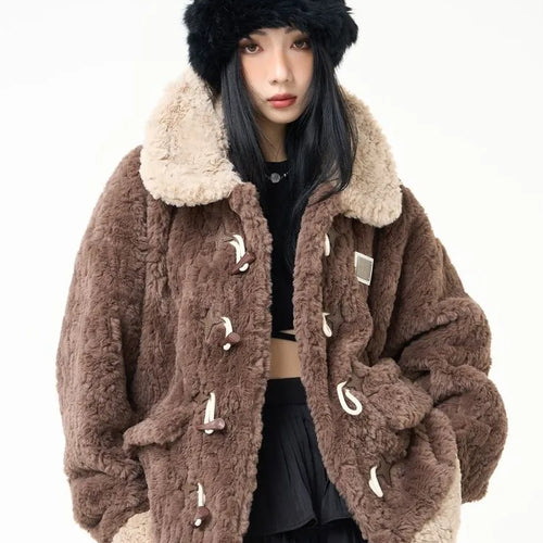 Load image into Gallery viewer, Contrast Color Streetwear Fashion Fluffy Warm Jackets Y2k Aesthetic All Match Horn Button Tops Casual Grunge Loose Coats Women
