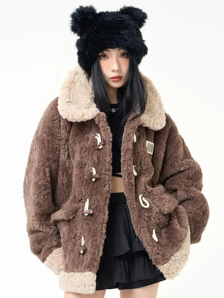 Contrast Color Streetwear Fashion Fluffy Warm Jackets Y2k Aesthetic All Match Horn Button Tops Casual Grunge Loose Coats Women