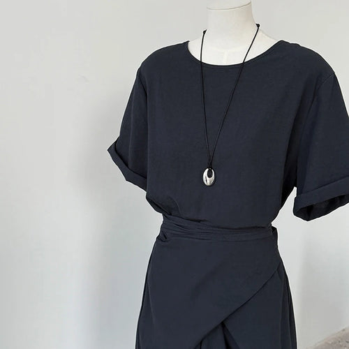 Load image into Gallery viewer, Women Navy Blue Cross Bandage Big Size Elegant Midi Dress New Round Neck Short Sleeve Fashion Spring Summer 2025 1DJ1359
