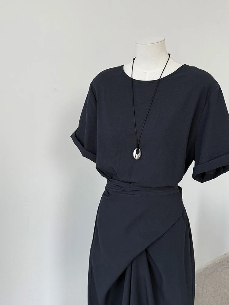 Women Navy Blue Cross Bandage Big Size Elegant Midi Dress New Round Neck Short Sleeve Fashion Spring Summer 2025 1DJ1359