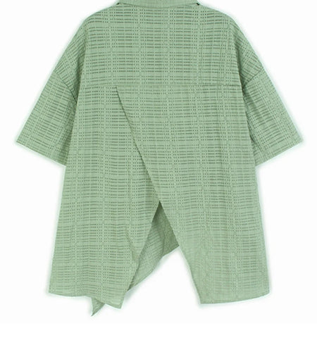 Women Green Irregular Hollow Out Big Size Blouse New Lapel Short Sleeve Shirt Fashion Tide Spring Summer 2025 1DJ1107