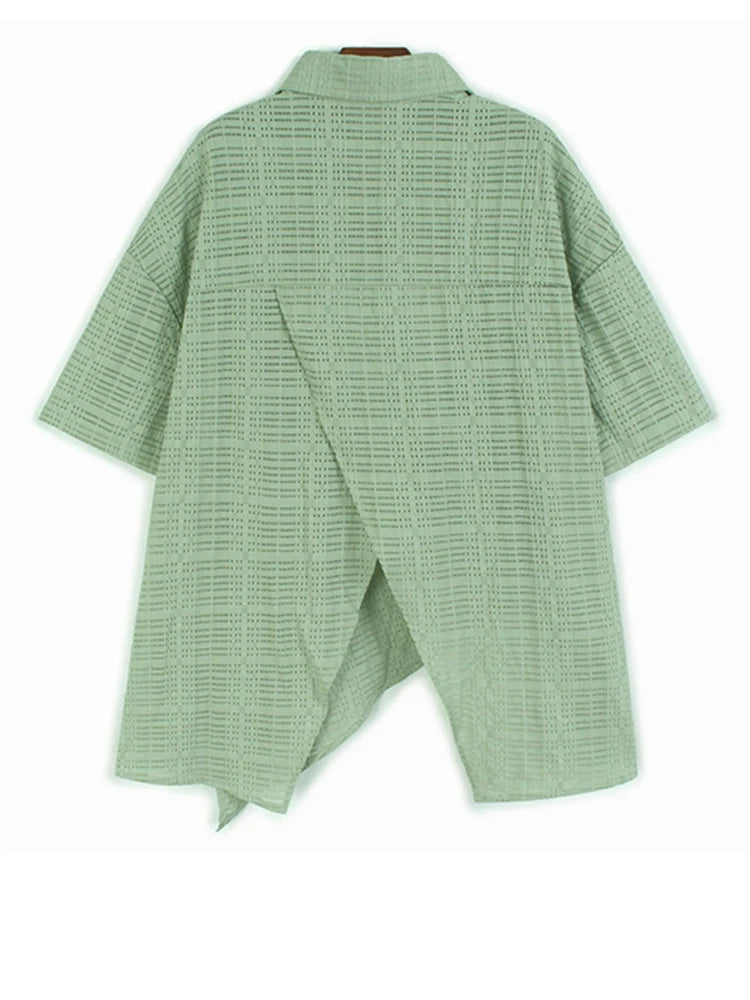 Women Green Irregular Hollow Out Big Size Blouse New Lapel Short Sleeve Shirt Fashion Tide Spring Summer 2025 1DJ1107