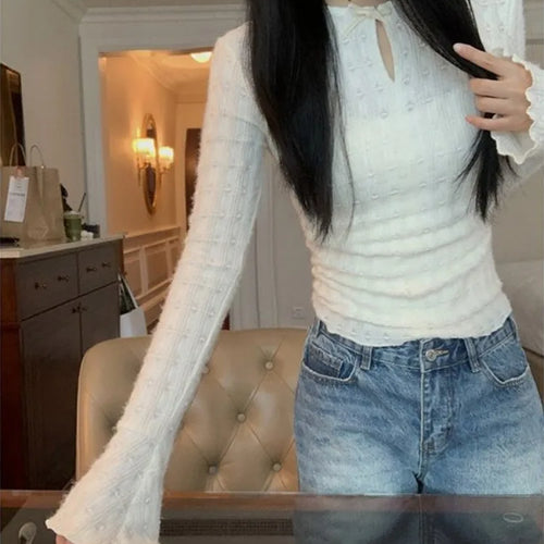 Load image into Gallery viewer, Y2k Aesthetic Hollow Out Bow T-shirts Fairy Grunge Embroidery Knitted Slim Fit Streetwear Crop Tops Women Harajuku Ruffled Tee
