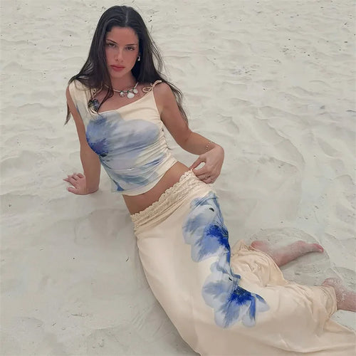 Load image into Gallery viewer, Print Beach Sexy Skirt Two Piece Sets Women Oblique Shoulder Tank Tops And Maxi Skirt Female Club 2 Piece Sets Fashion
