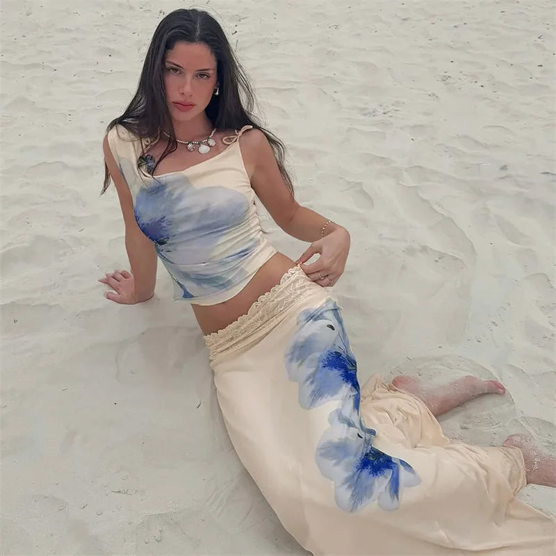 Print Beach Sexy Skirt Two Piece Sets Women Oblique Shoulder Tank Tops And Maxi Skirt Female Club 2 Piece Sets Fashion