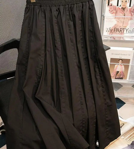 Vintage Black Large Size Midi Skirts Women Spring Summer Orange Elastic High Waist Pleated Umbrella Skirt Fashion Korean Popular