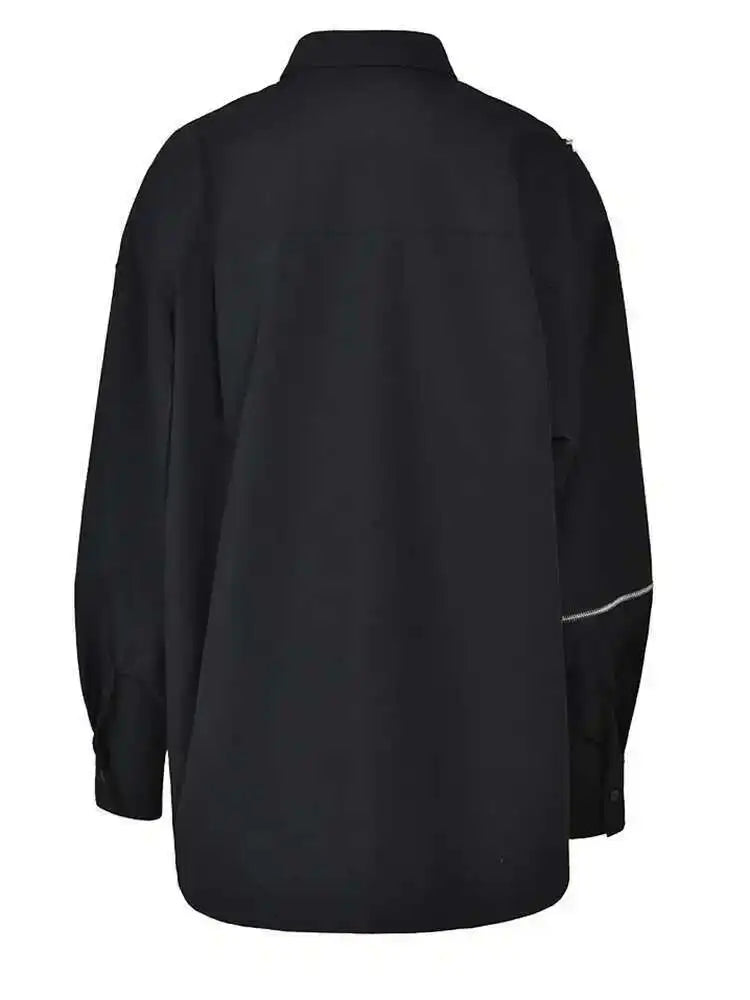 Women Black Zipper Irregular Big Size Blouse New Lapel Long Sleeve Loose Fit Shirt Fashion Spring Autumn 2025 1DF743301