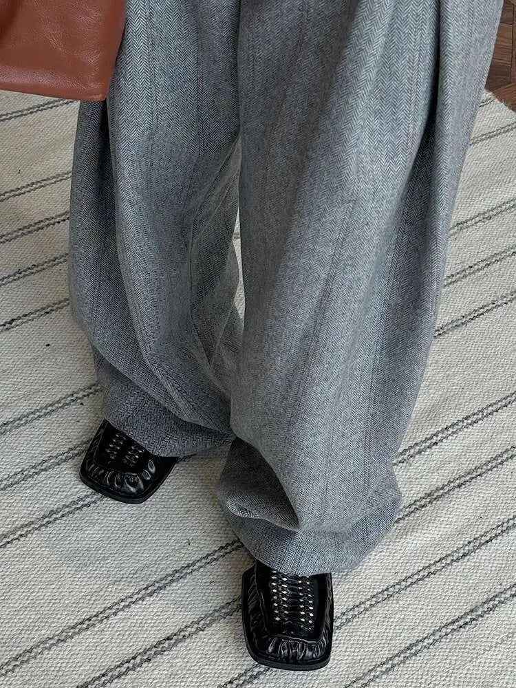 High Waist Brown Striped Pleated Long Thick Wool Wide Leg Pants New Trousers Women Fashion Tide Autumn Winer 2025 1DH7548