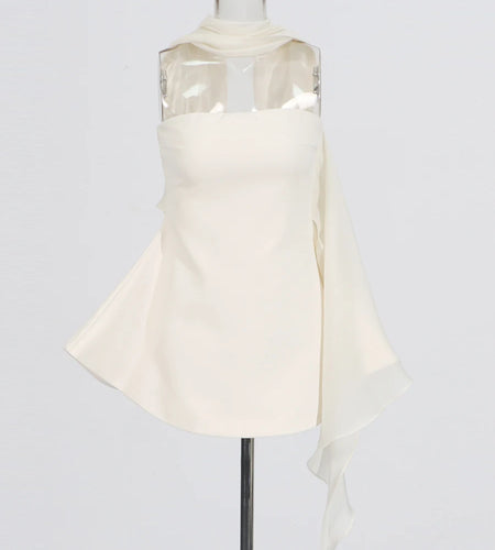 Elegant with Ribbon Mini Dress for Women Halter Collar Sleeveless High Waist Minimalist Solid Dresses Female Fashi