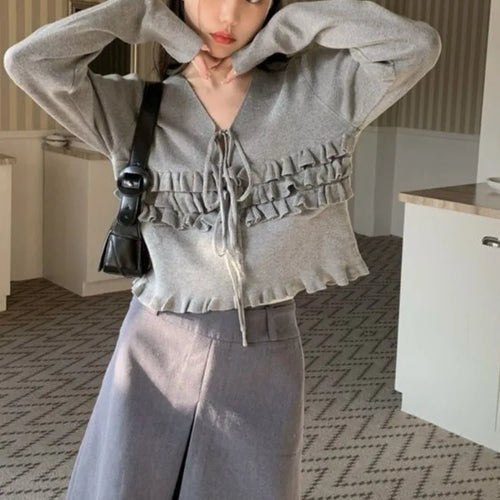 Load image into Gallery viewer, Autumn Ruffled Casual Solid Pullovers Women  Harajuku V Neck Bandage Jumper Loose Knitted Y2k Aesthetic Grunge Crop Sweaters
