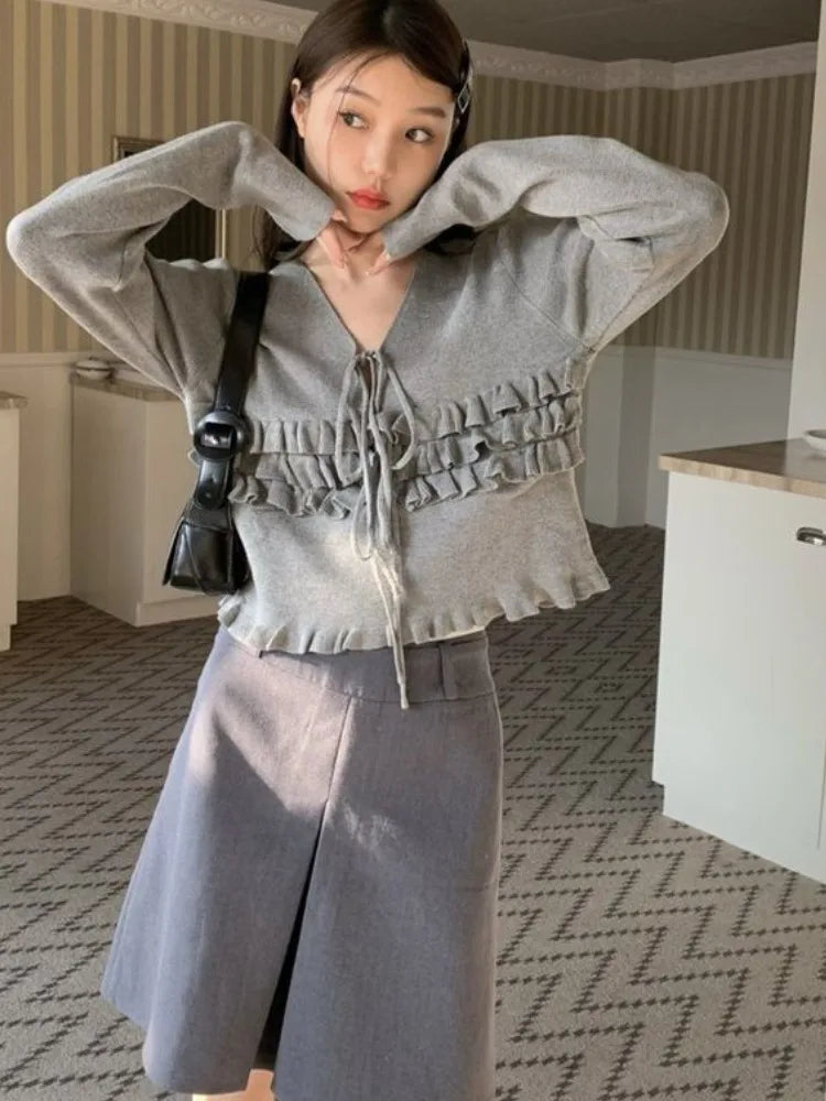 Autumn Ruffled Casual Solid Pullovers Women  Harajuku V Neck Bandage Jumper Loose Knitted Y2k Aesthetic Grunge Crop Sweaters