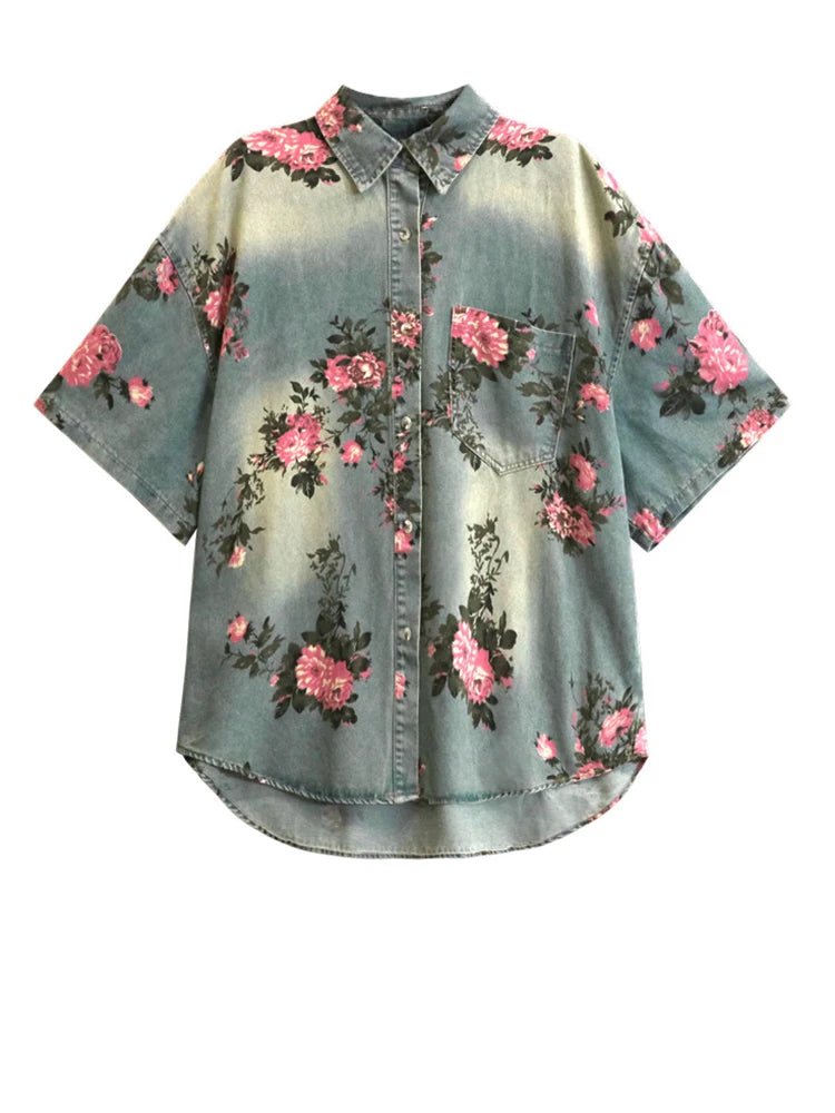 Blue Denim Shirt Wide Leg Shorts Two Piece Suit New Lapel Short Sleeve Women Fashion Tide Spring Summer 2025 1DH6138