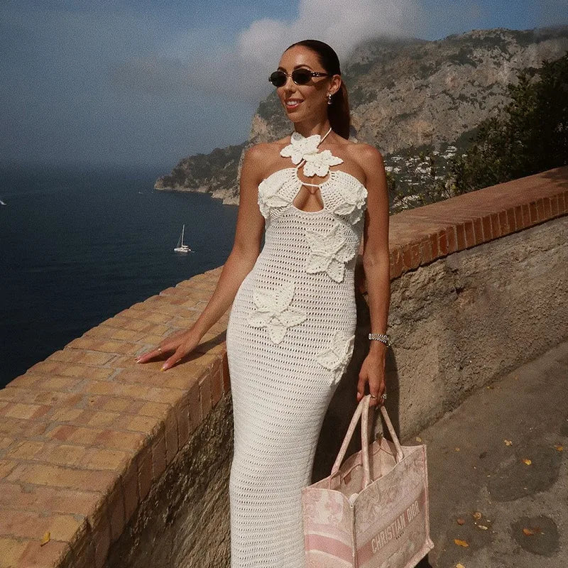 See Through Crochet Floral Knit Sexy Maxi Dress For Women Halter Sleeveless Backless Party Long Dress Beachwear New