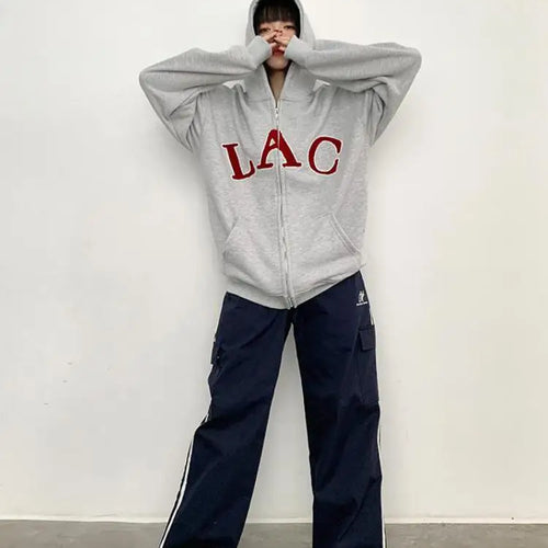 Load image into Gallery viewer, Women Gray Letter Hoodies Tops Harajuku Korean Version Zip Up Loose Sweatshirts Autumn Casual Long Sleeve Hooded Coat Thick Chic
