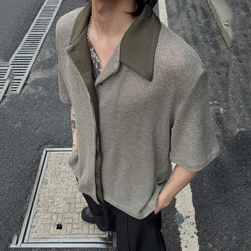 Load image into Gallery viewer, Men's Shirts Short Sleeve New Korean Summer Spliced Contrast Color Design Turn-down Collar Single Breasted Top 9W1729
