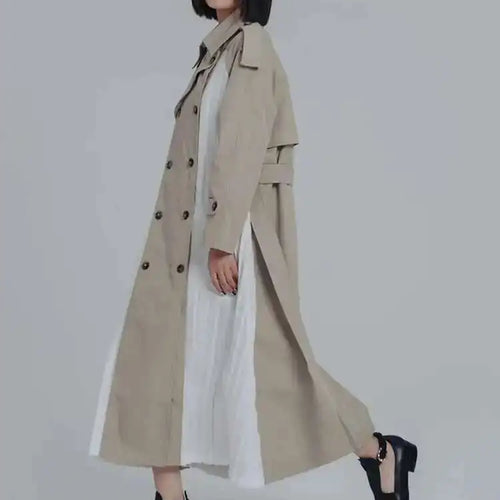 Load image into Gallery viewer, Women Khaki Pleated Big Size Long Trench New Lapel Long Sleeve Loose Fit Windbreaker Fashion Spring Autumn 2025 1DF0722
