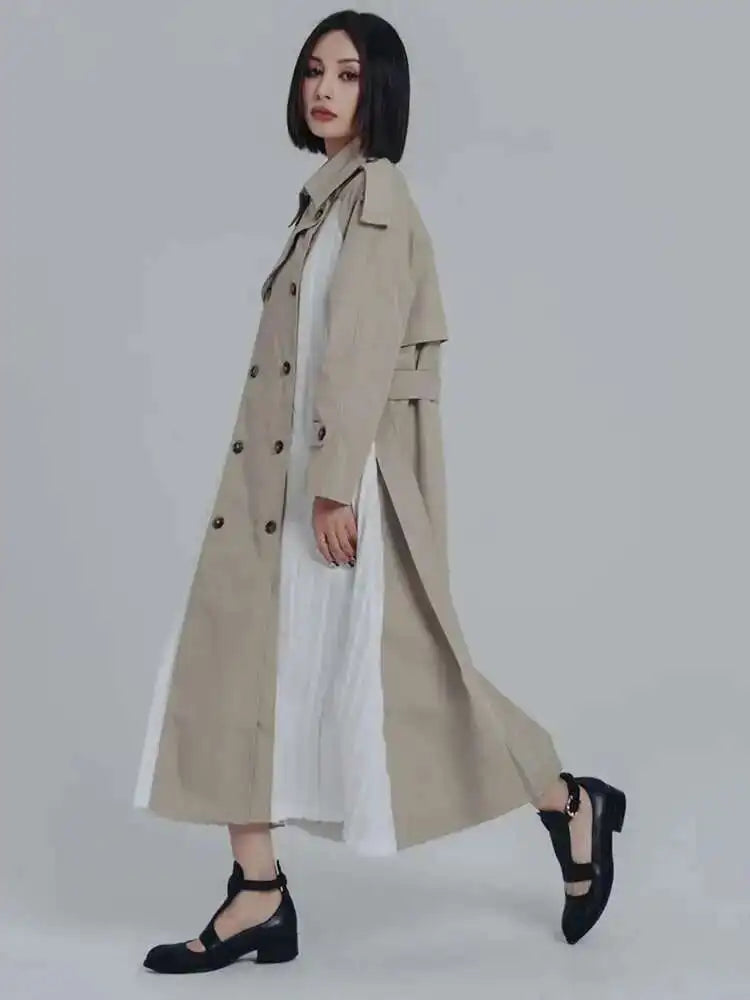 Women Khaki Pleated Big Size Long Trench New Lapel Long Sleeve Loose Fit Windbreaker Fashion Spring Autumn 2025 1DF0722