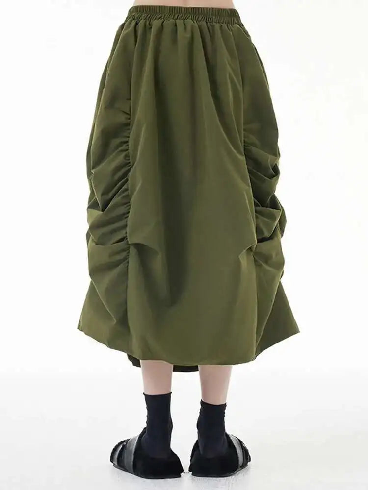 High Elastic Waist Army Green Pleated Irregular Midi Half-body Skirt Women Fashion Tide New Spring Autumn 2025 1DH7789