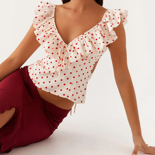 Load image into Gallery viewer, Polka Dot Crop Tops Summer Women Clothes Print Bow V Neck Short Sleeve Ruffle Trim T Shirts 2000s Clothing Streetwear
