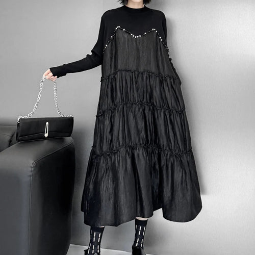 Load image into Gallery viewer, Women Black Knitting Beads Pleated Big Size Midi Dress New Round Neck Long Sleeve Fashion Tide Spring Autumn 2025 1DH9219
