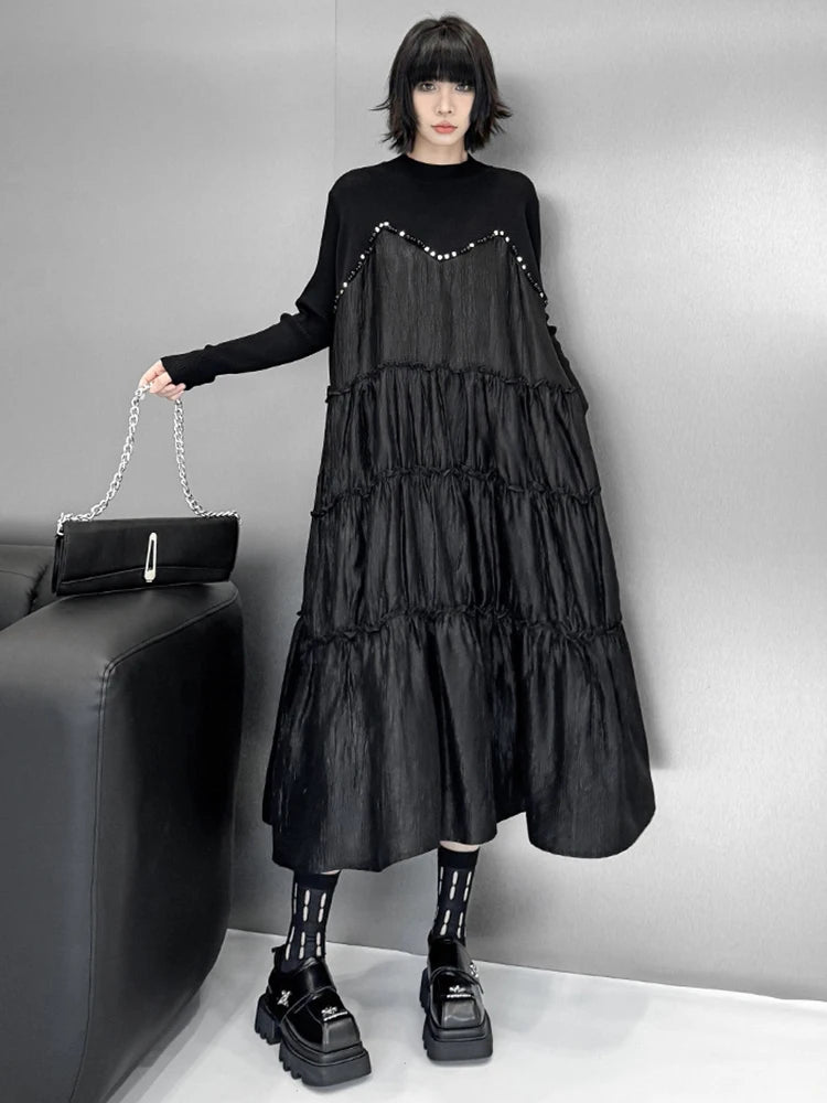 Women Black Knitting Beads Pleated Big Size Midi Dress New Round Neck Long Sleeve Fashion Tide Spring Autumn 2025 1DH9219