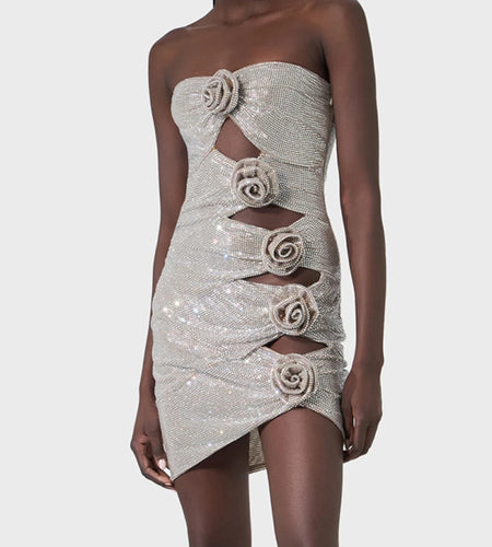 Solid Spliced Diamonds Slimming Dresses For Women Strapless Sleeveless High Waist Hollow Out Dress Female Fashion