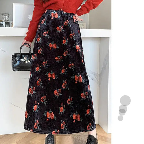 Load image into Gallery viewer, Black Red Floral Print Velvet Long Skirt Vintage Elastic High Waist Slim A-line Skirts Autumn Winter Fashion Women Bohemian Chic
