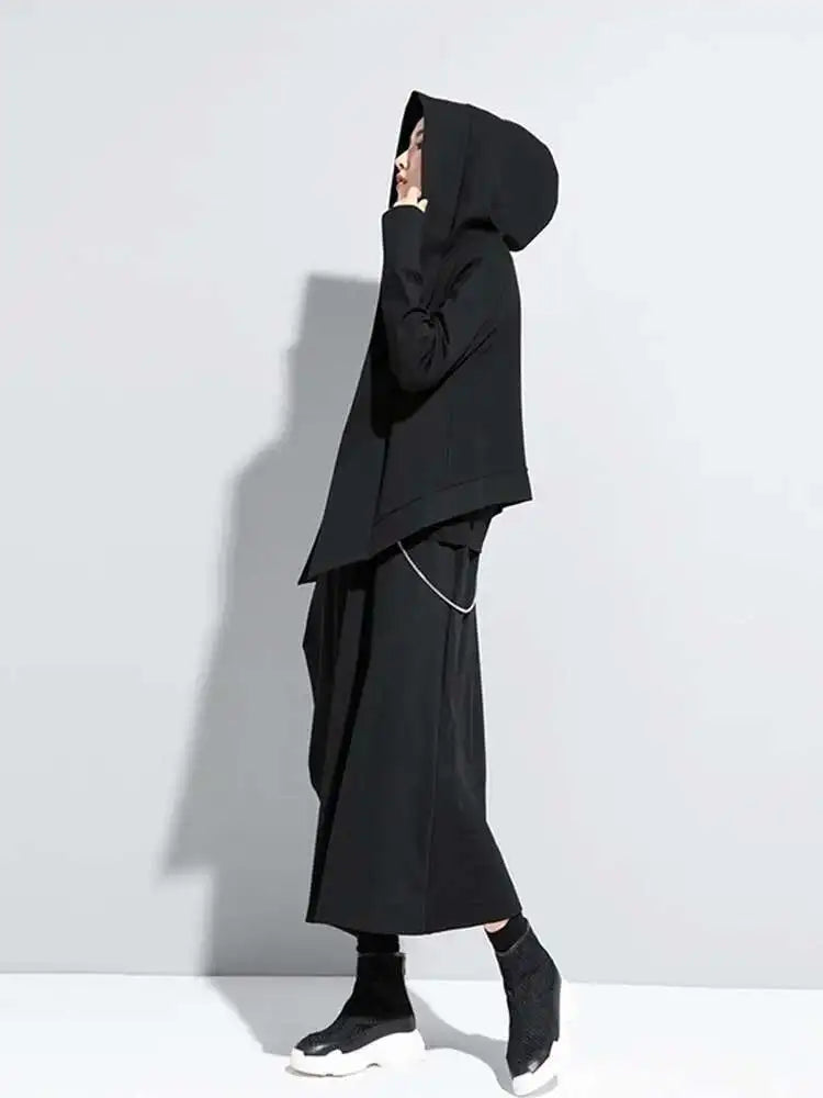 Loose Fit Black Brief Irregular Short Jacket New Hooded Long Sleeve Women Coat Fashion Tide Spring Autumn 2025 1Z591