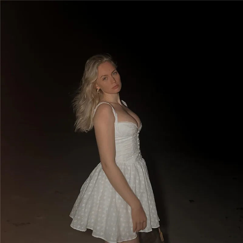 White English Embroidered Belted Mini Dress For Women Fashion V Neck Sleeveless Backless A-line Club Party Sexy Dress