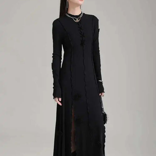 Load image into Gallery viewer, Women Black Flower Elegant Slit Long Dress New Turtleneck Long Sleeve Loose Fit Fashion Tide Spring Autumn 2025 1DH1870
