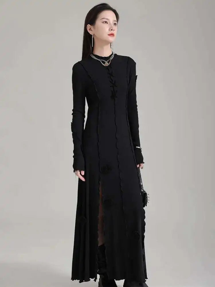 Women Black Flower Elegant Slit Long Dress New Turtleneck Long Sleeve Loose Fit Fashion Tide Spring Autumn 2025 1DH1870