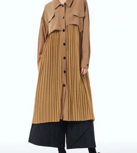Women Army Green Pleated Spliced Big Size Midi Shirt Dress New Lapel Long Sleeve Fashion Tide Spring Autumn 2025 1DH6927