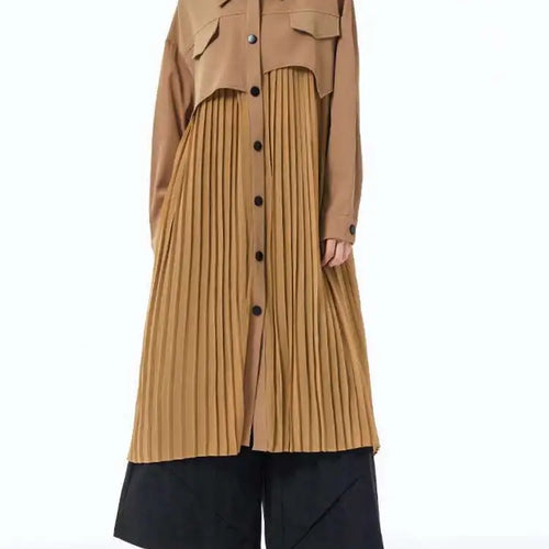 Load image into Gallery viewer, Women Army Green Pleated Spliced Big Size Midi Shirt Dress New Lapel Long Sleeve Fashion Tide Spring Autumn 2025 1DH6927
