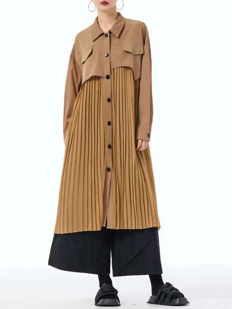 Women Army Green Pleated Spliced Big Size Midi Shirt Dress New Lapel Long Sleeve Fashion Tide Spring Autumn 2025 1DH6927