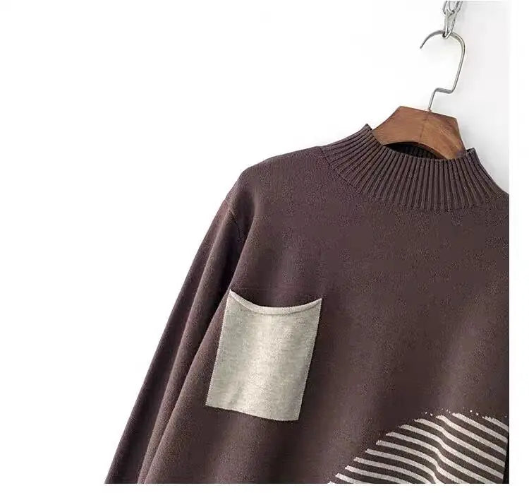 2024 New Women Striped Patchwork Half High Neck Knitted Tops Streetwear Autumn Winter Casual Long Sleeve Pullover Sweater Trendy