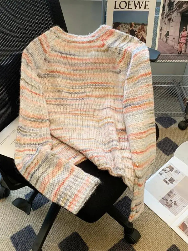 Autumn Winter Beige Stripes Gradient Long Sleeved Short Sweater Women's O-neck Single Breasted Knit Pullover Tops 2024 Thick New