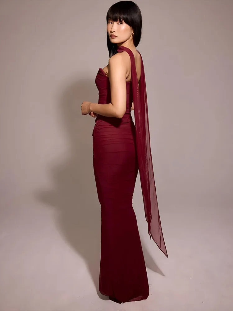 Elegant Strapless Fishbone Top Long Skirt Two-piece Set For Women 2024 Autumn And Winter Sexy New Slim Party Skirt Set