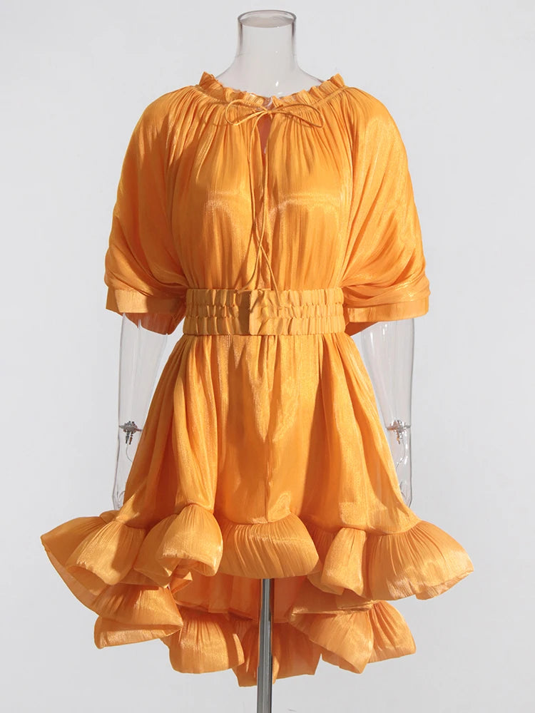 Asymmetrical Solid Mini Dresses For Women Round Neck Short Sleeve High Waist Spliced Plieasted A Line Dress Female Summer