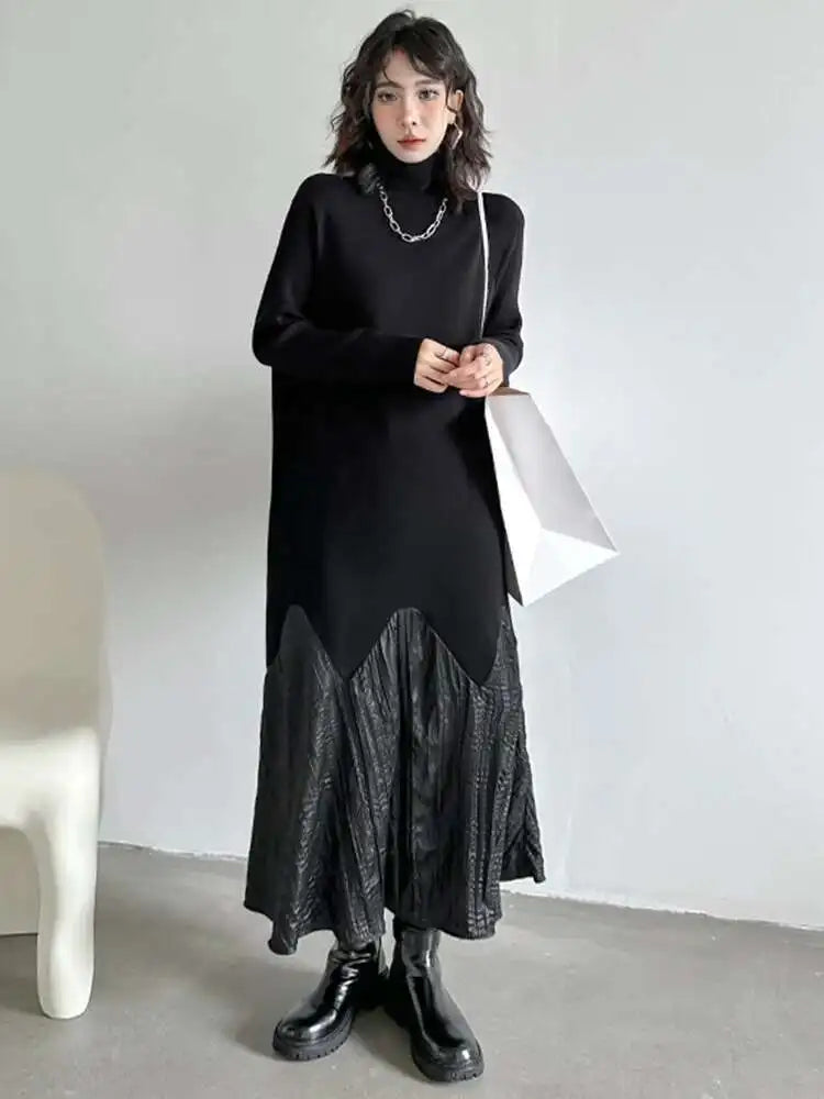 Women Black Knitting Pleated Big Size Long Dress New Turtleneck Long Sleeve Fashion Tide Spring Autumn 2025 1DH1599