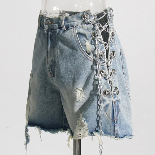 Load image into Gallery viewer, Solid Denim Shorts For Women High Waist Patchwork Chain Temperament Casual Loose Sexy Short Panst Female Summer
