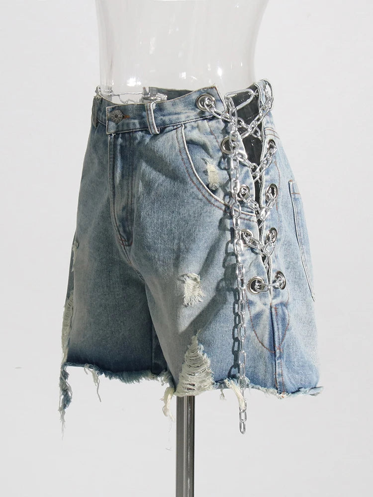 Solid Denim Shorts For Women High Waist Patchwork Chain Temperament Casual Loose Sexy Short Panst Female Summer