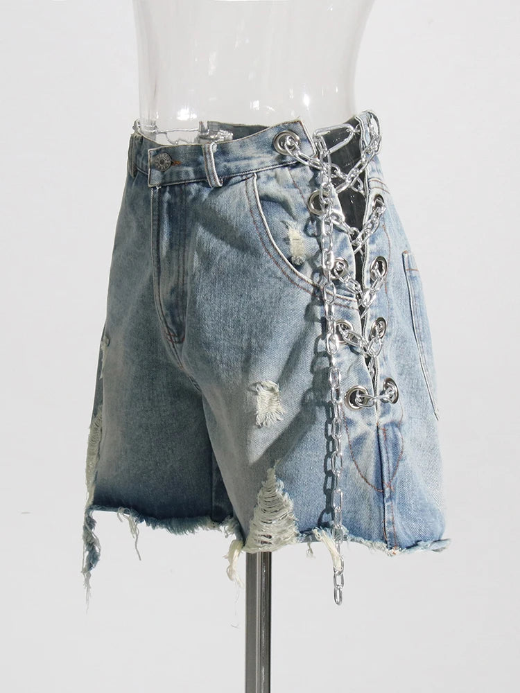 Solid Denim Shorts For Women High Waist Patchwork Chain Temperament Casual Loose Sexy Short Panst Female Summer New